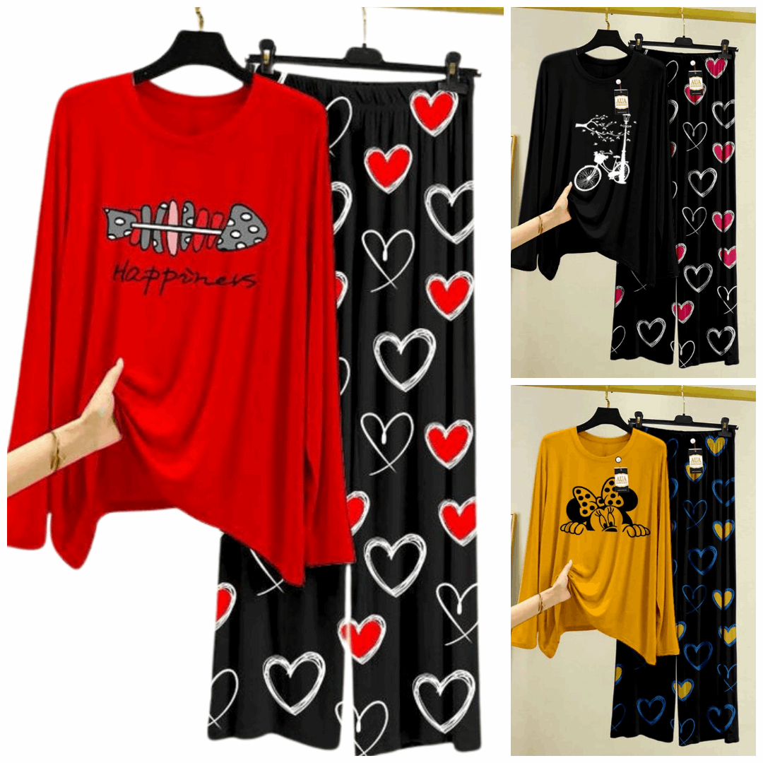 Pack of 3 Women’s Summer Loungewear Sets – Printed T-Shirts & Trousers Women's Summer Suit 874