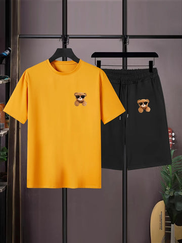 Mens Summer Shorts + T-Shirt Set - SS166 - Orange Black