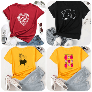 Pack of 4 Trendy Graphic Printed T-Shirts for Women – Stylish & Comfortable Summer Wear - 73662