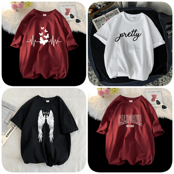 Pack of 4 Trendy Graphic Printed T-Shirts for Women – Stylish & Comfortable Summer Wear - 73653