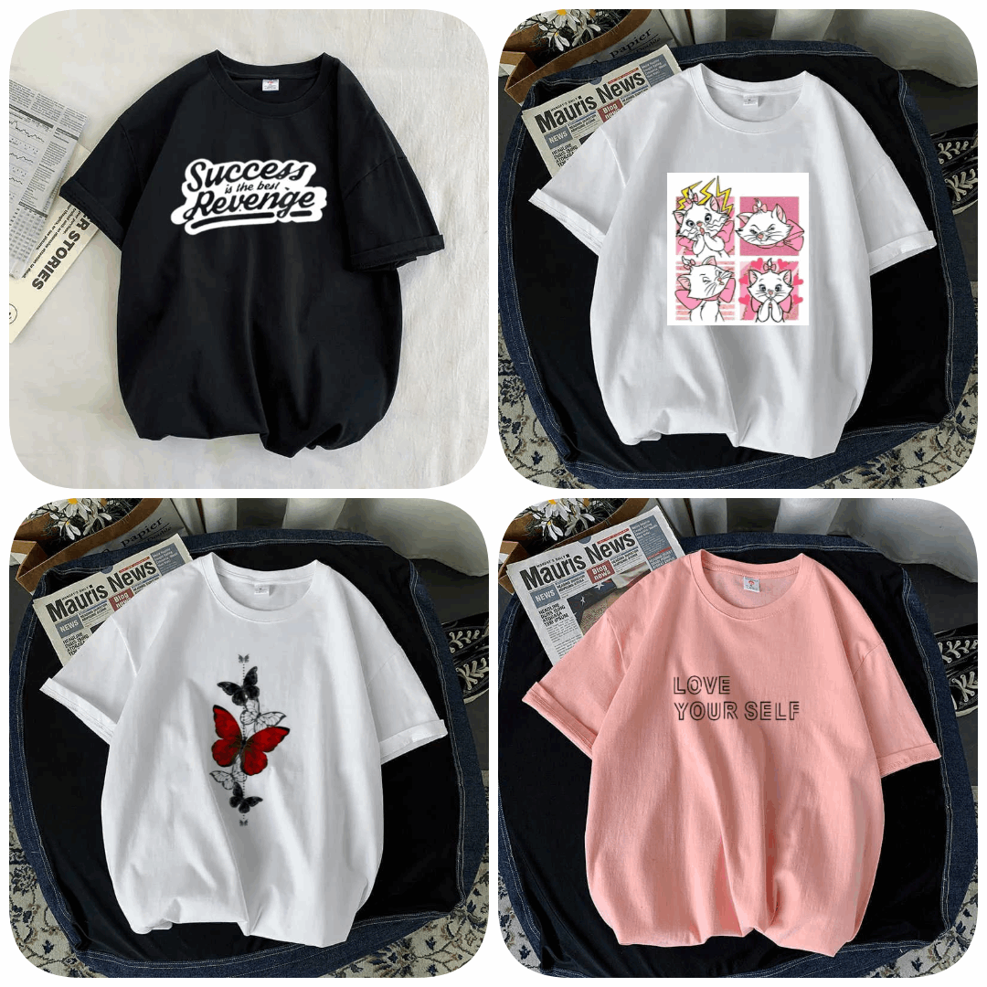 Pack of 4 Trendy Graphic Printed T-Shirts for Women – Stylish & Comfortable Summer Wear - 73652