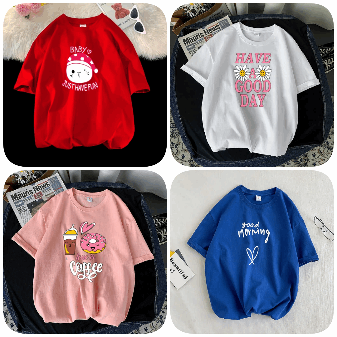 Pack of 4 Trendy Graphic Printed T-Shirts for Women – Stylish & Comfortable Summer Wear - 73648