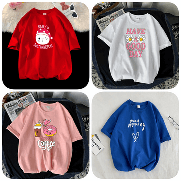 Pack of 4 Trendy Graphic Printed T-Shirts for Women – Stylish & Comfortable Summer Wear - 73648