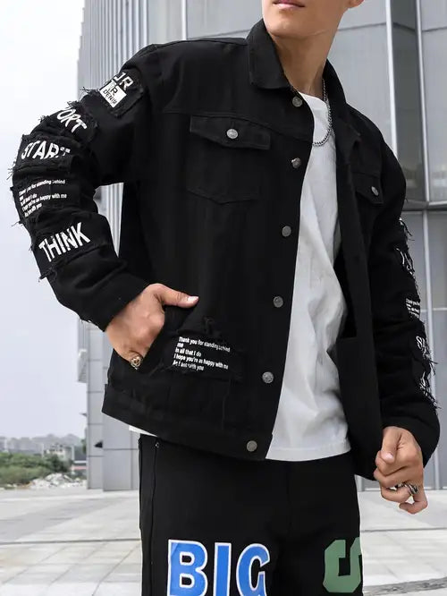 Men's Slogan Graphics Flap Pocket Denim Jacket