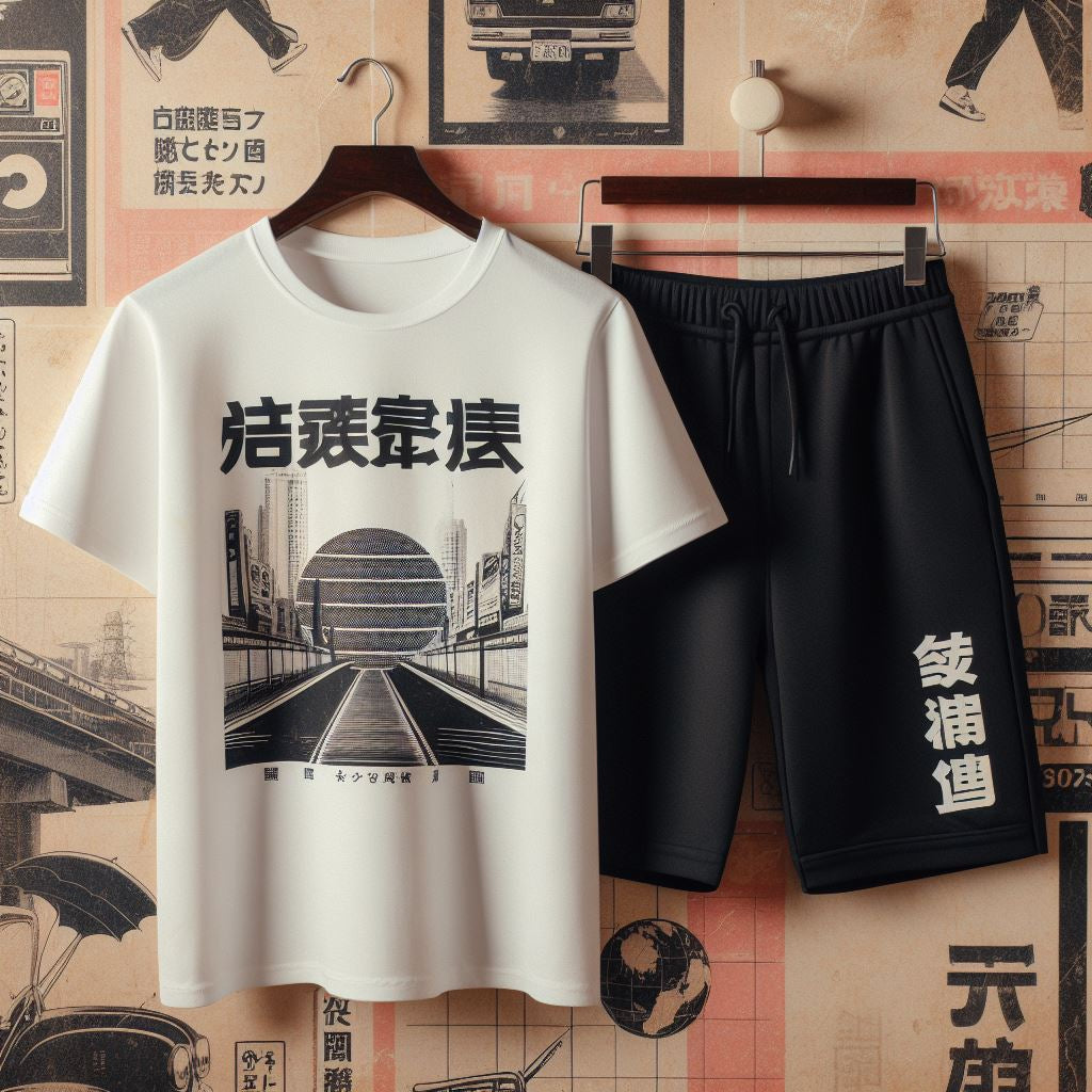 Mens Summer Shorts + T-Shirt Set - SS189 - White Black