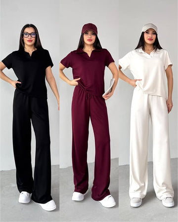 Summer Casual Women's Polo Collar Top & Trouser Set