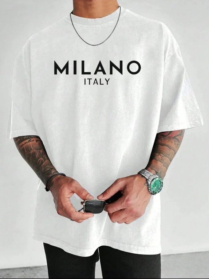 Men's Letter Printed Round Neck Drop Shoulder.