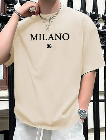Men's Letter Printed Round Neck Drop Shoulder.