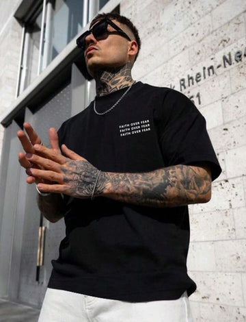 Men's Faith Over Fear Letter Printed Round Neck Drop Shoulder.