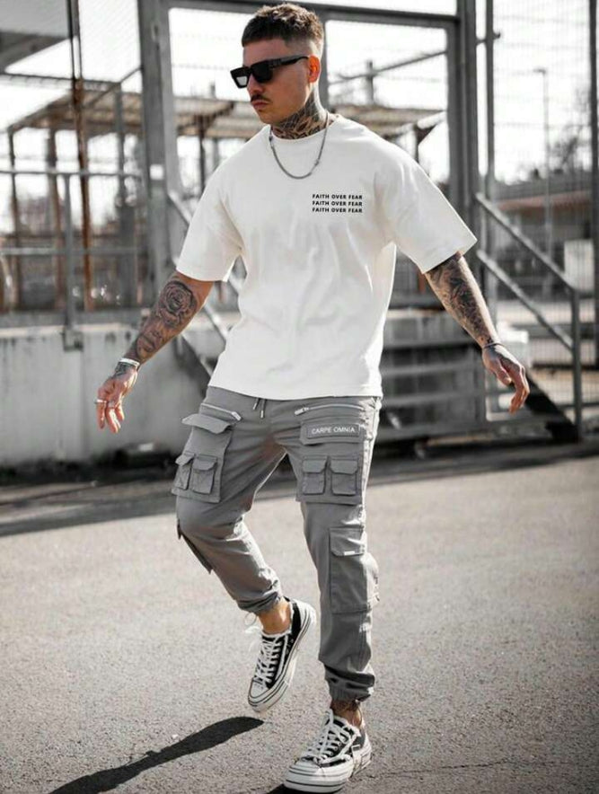 Men's Faith Over Fear Letter Printed Round Neck Drop Shoulder.