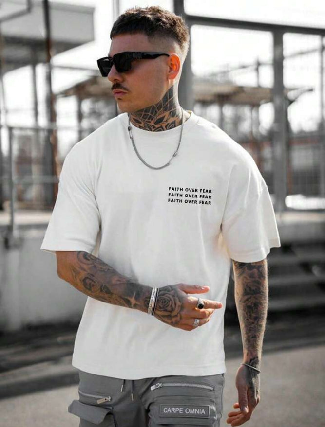 Men's Faith Over Fear Letter Printed Round Neck Drop Shoulder.