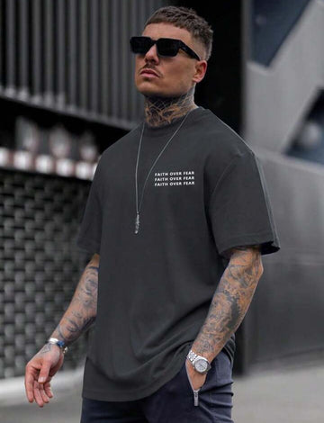 Men's Faith Over Fear Letter Printed Round Neck Drop Shoulder.
