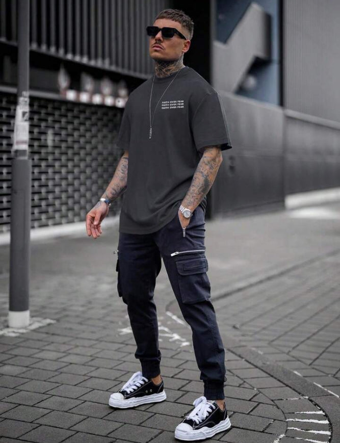 Men's Faith Over Fear Letter Printed Round Neck Drop Shoulder.