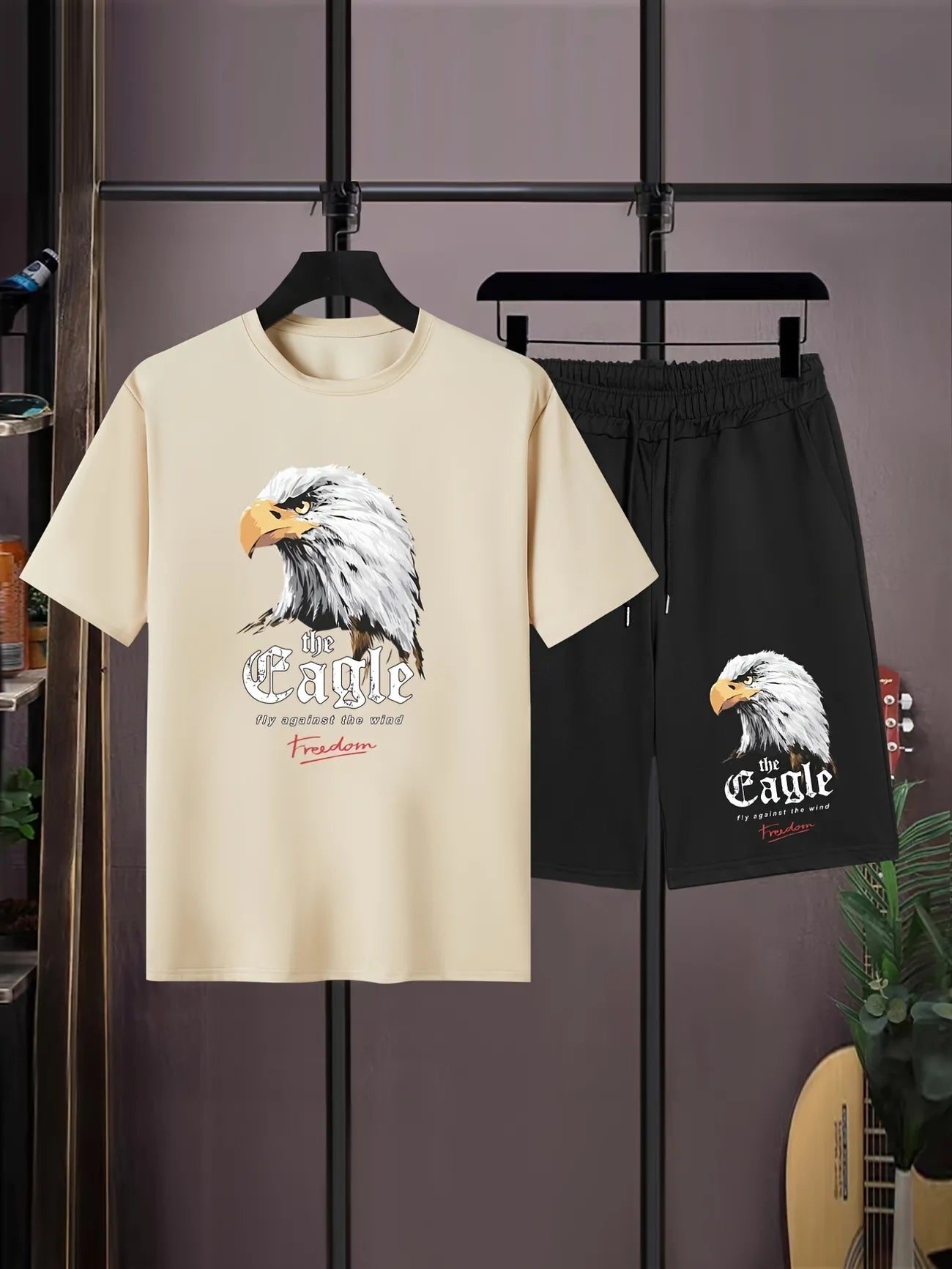 Mens Summer Shorts + T-Shirt Set - SS168 - Cream Black