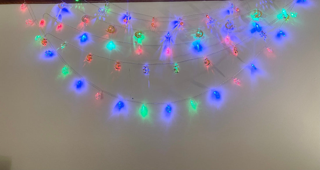 Eid Ramadan Lights: Gold Crescent Moon, Multi Color Lights