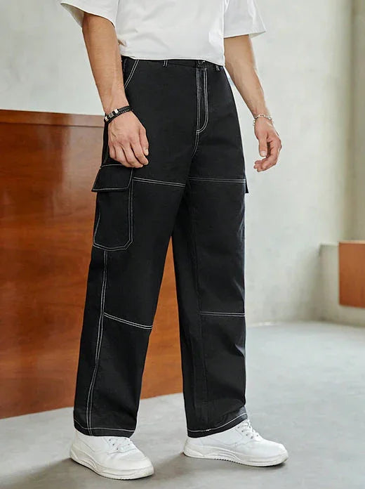 Men Cotton Top-stitching Flap Pocket Side Cargo Pants