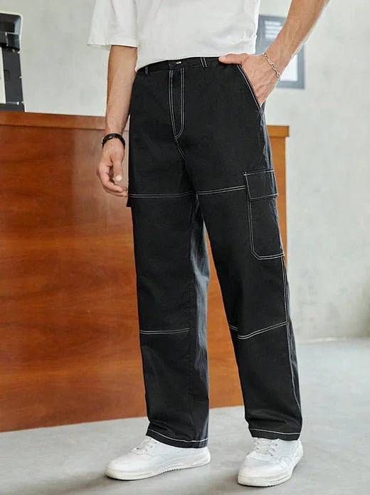 Men Cotton Top-stitching Flap Pocket Side Cargo Pants