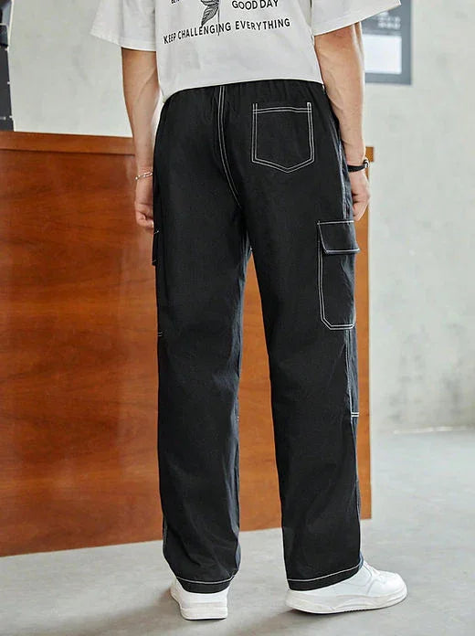 Men Cotton Top-stitching Flap Pocket Side Cargo Pants