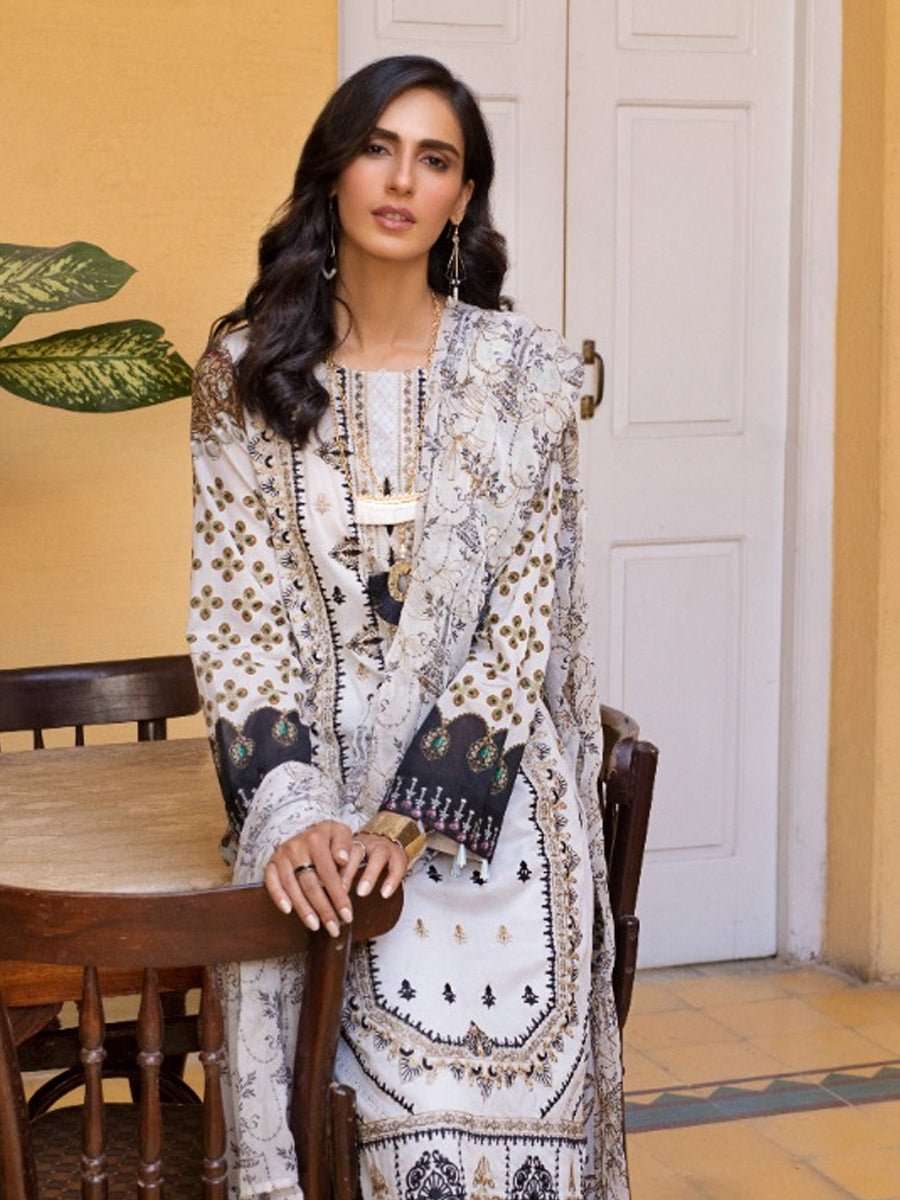 1 & Get 1 Free - Snow White  - Unstitched 3pc Digital Printed Embroidered Lawn with Chiffon Dupatta - Faustina 17622