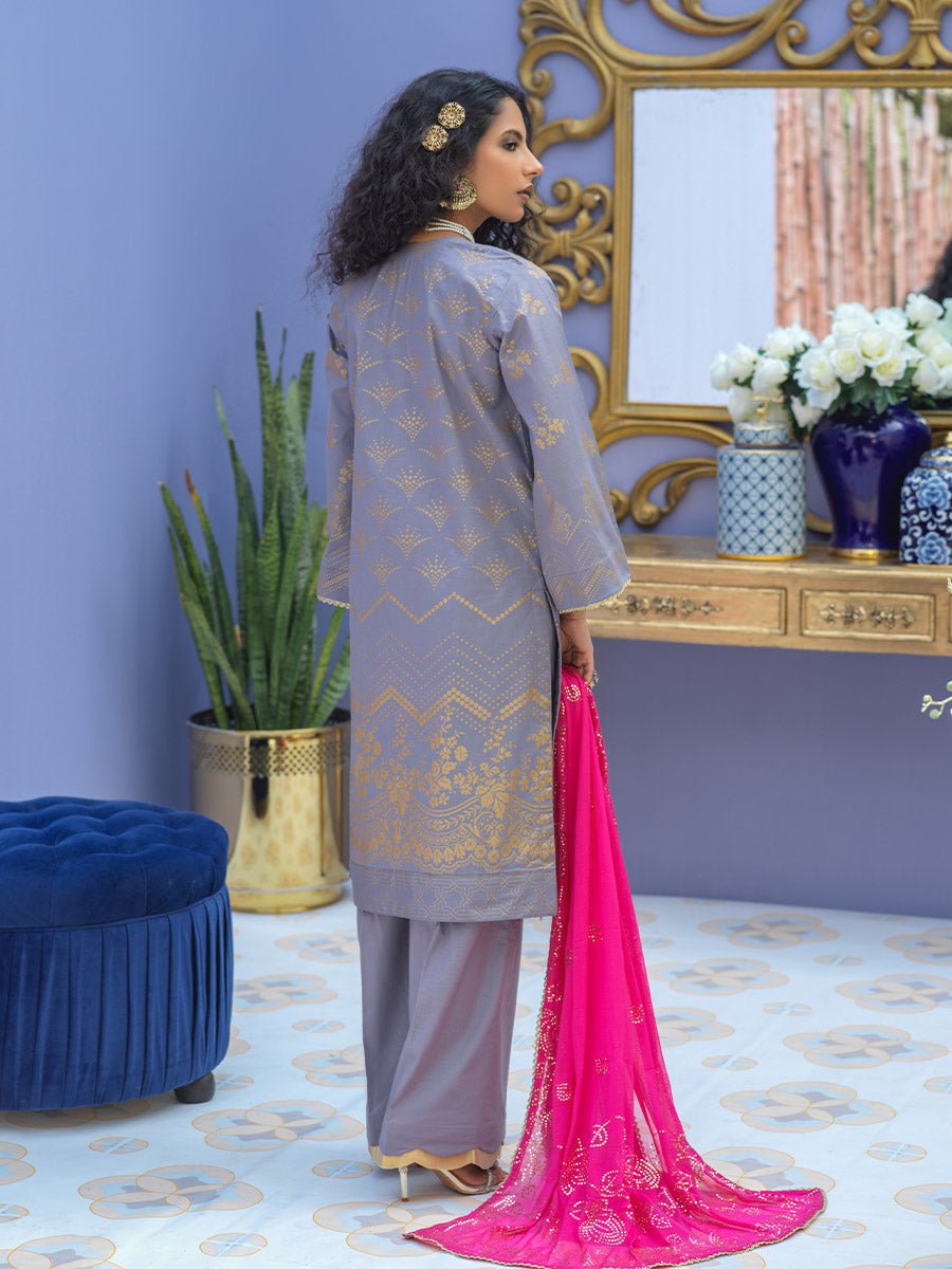 1 & Get 1 Free - Unstitched 3pc - Embroidered Lawn Suit With Mukesh Chiffon Dupatta - Oznur Vol.2 Article 302