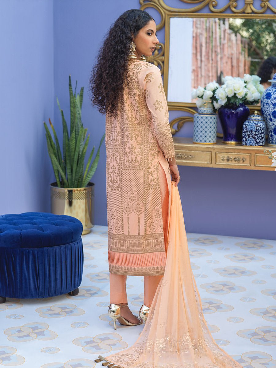 1 & Get 1 Free - Unstitched 3pc - Embroidered Lawn Suit With Mukesh Chiffon Dupatta - Oznur Vol.2 Article 303