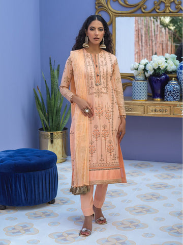 1 & Get 1 Free - Unstitched 3pc - Embroidered Lawn Suit With Mukesh Chiffon Dupatta - Oznur Vol.2 Article 303