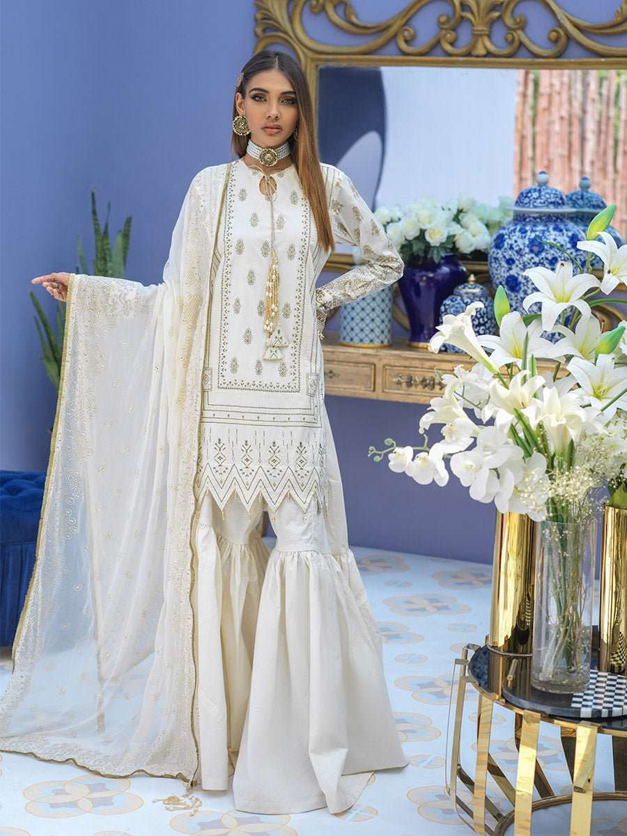 1 & Get 1 Free - Unstitched 3pc - Embroidered Lawn Suit With Mukesh Chiffon Dupatta - Oznur Vol.2 Article 304