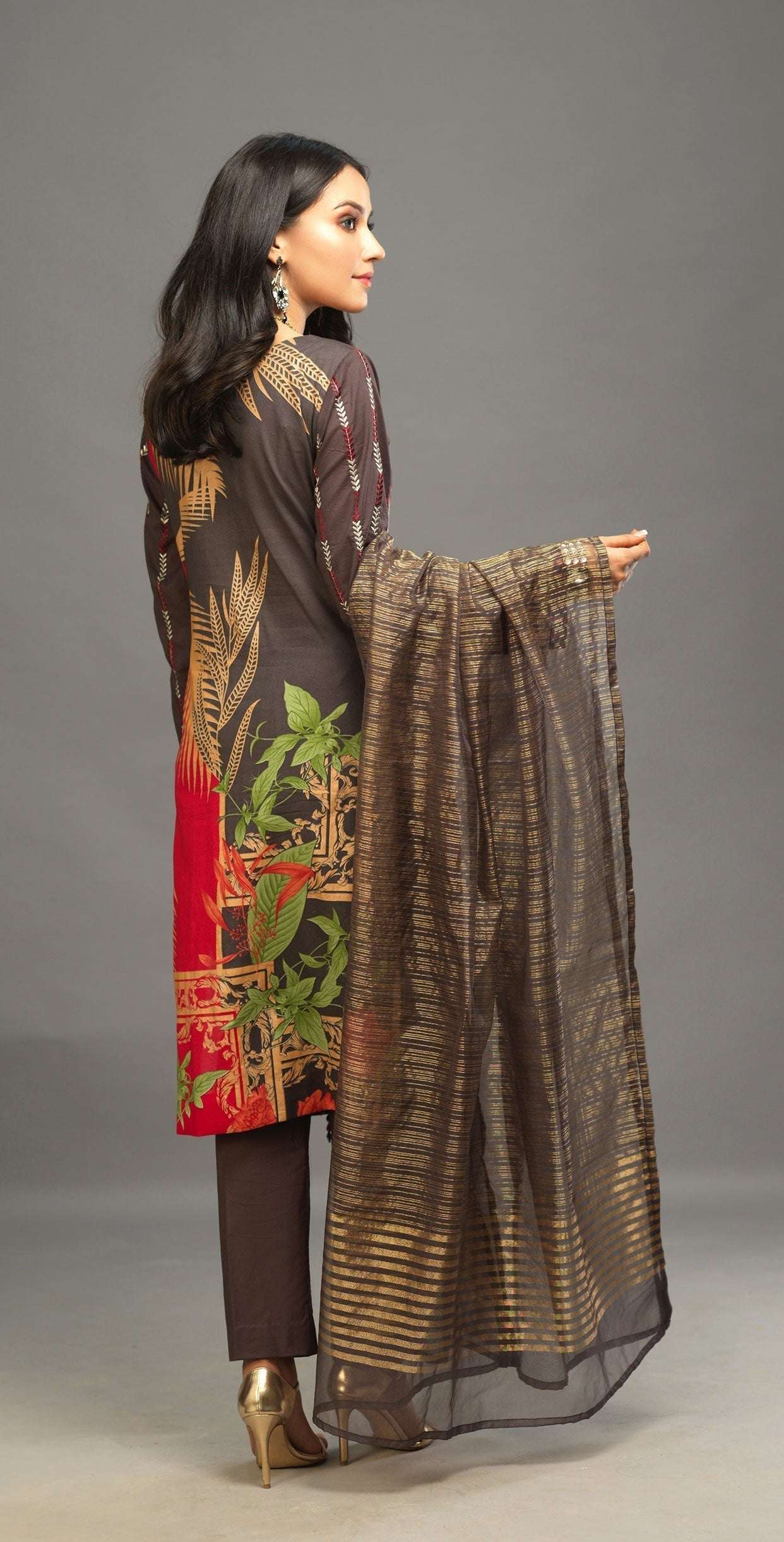 1 & Get 1 Free - Unstitched 3pc Printed Embroidered Lawn Shirt with Organza Lines Dupatta - Shades Article 309