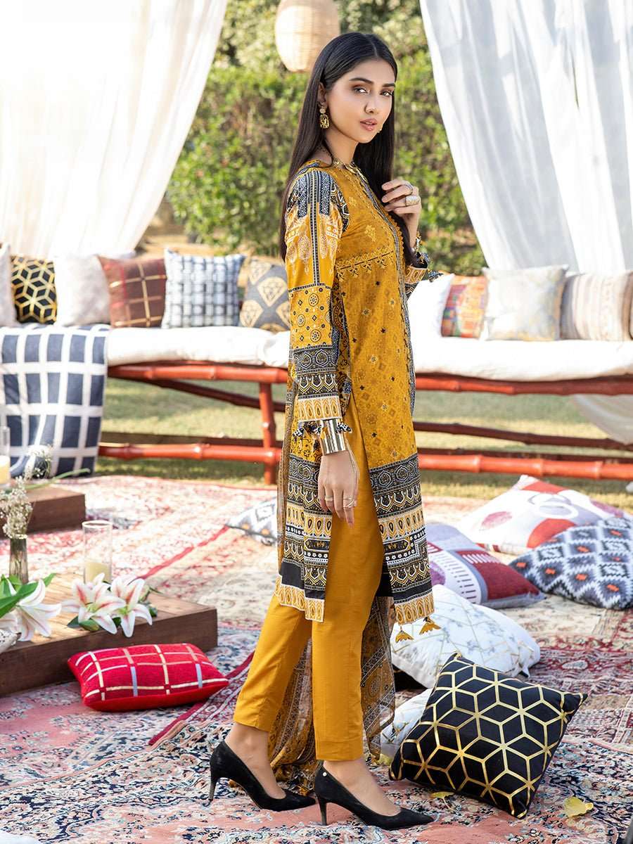 1 & Get 1 Free - Unstitched 3pc Printed Embroidered Lawn Shirt with Printed Chiffon Dupatta & Dyed Cambric Trouser - Z'ure Article 310