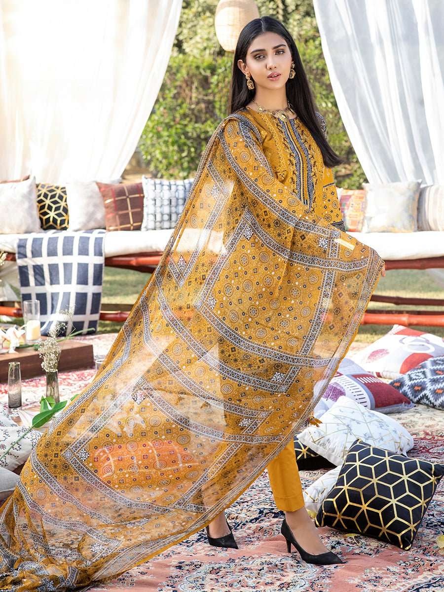 1 & Get 1 Free - Unstitched 3pc Printed Embroidered Lawn Shirt with Printed Chiffon Dupatta & Dyed Cambric Trouser - Z'ure Article 310